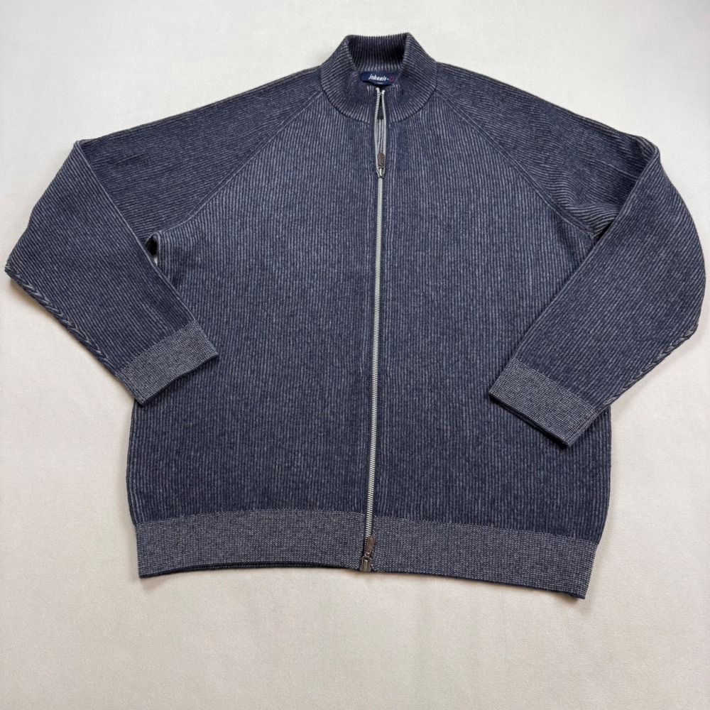 Johnnie-O Hobson Mens Large Indigo Blue Merino Wool Full Zip Ribbed Sweater